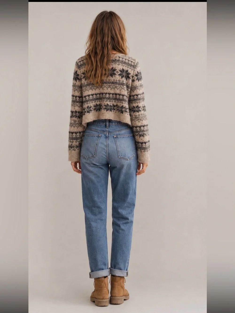 Free People one FP Fuzzy Sweater Small Cropped Nordic Snowflake Cozy Boho Cabin